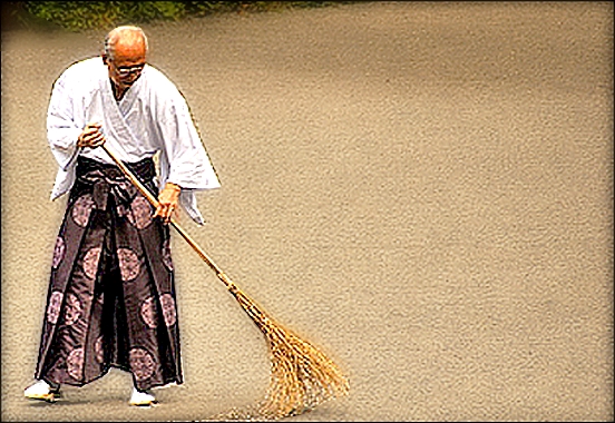 monk sweeping